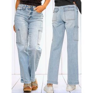 Judy Blue Plus High Rise Utility Cargo Wide Leg Jeans Light Wash Stretch Denim